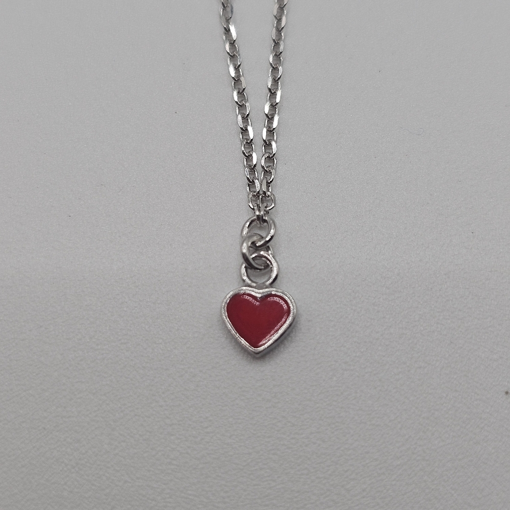 Sterling Silver 925 Rhodium Plated Rolo Link Red Enamel Heart Bracelet - Picture 5 of 15